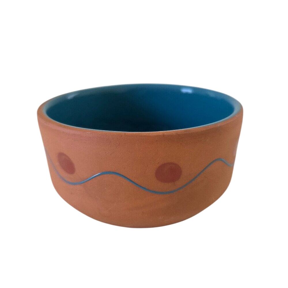 Handmade Terracotta Ceramic Bowl Blue Glazed Interior Artisan Boho Rustic Small